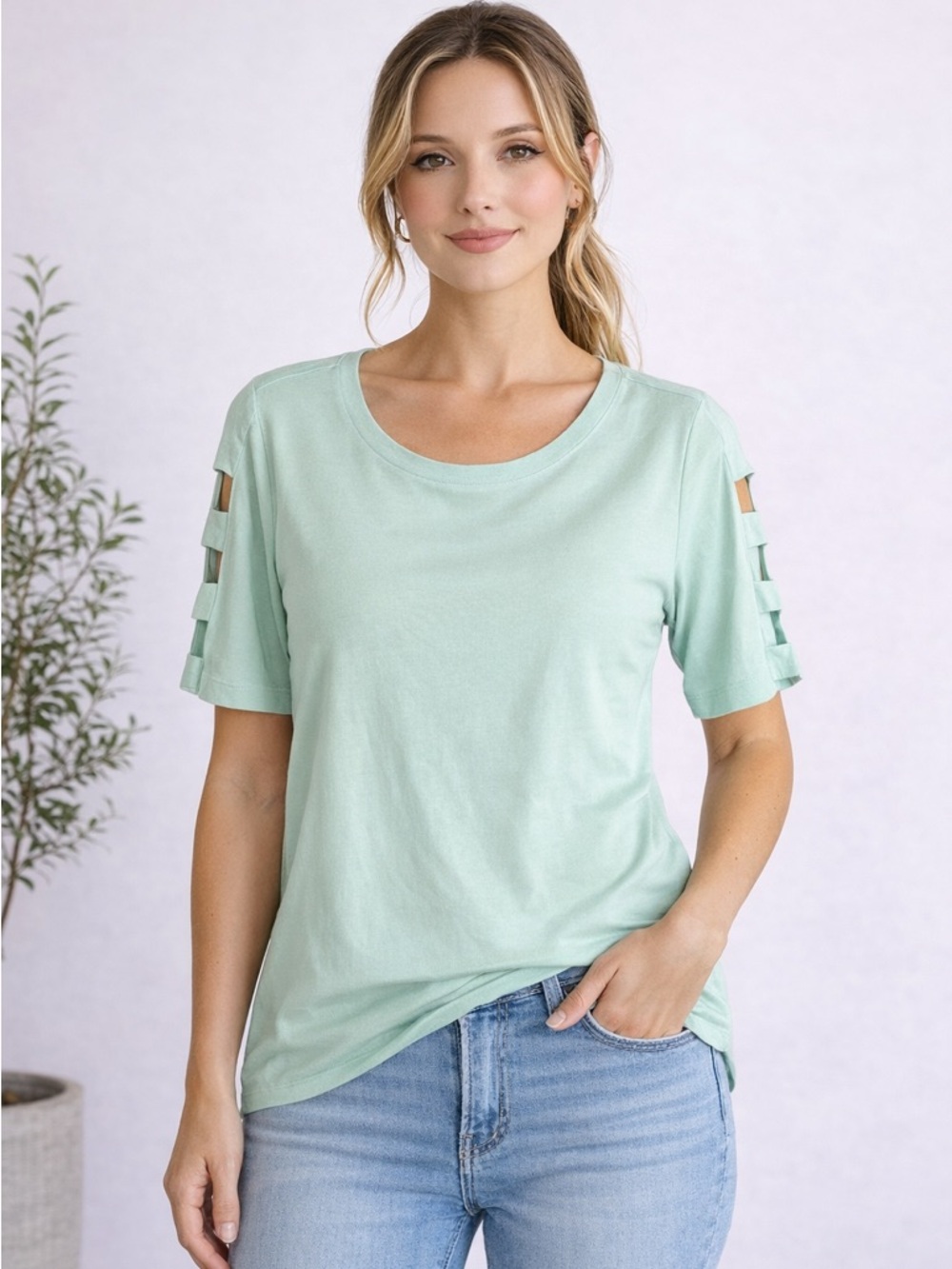 Karen Scott Mint Green Top Size L Cutout Sleeve Casual Blouse